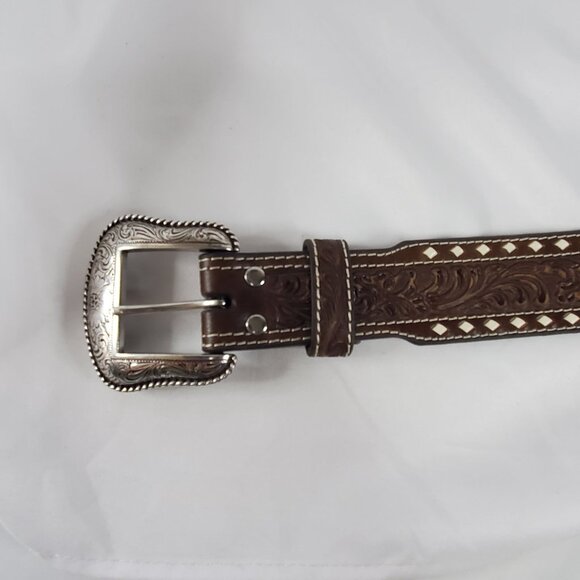 Nocona 32" Men's Western Tapered Floral Tooled Western Belt Silver Buckle - Picture 5 of 9